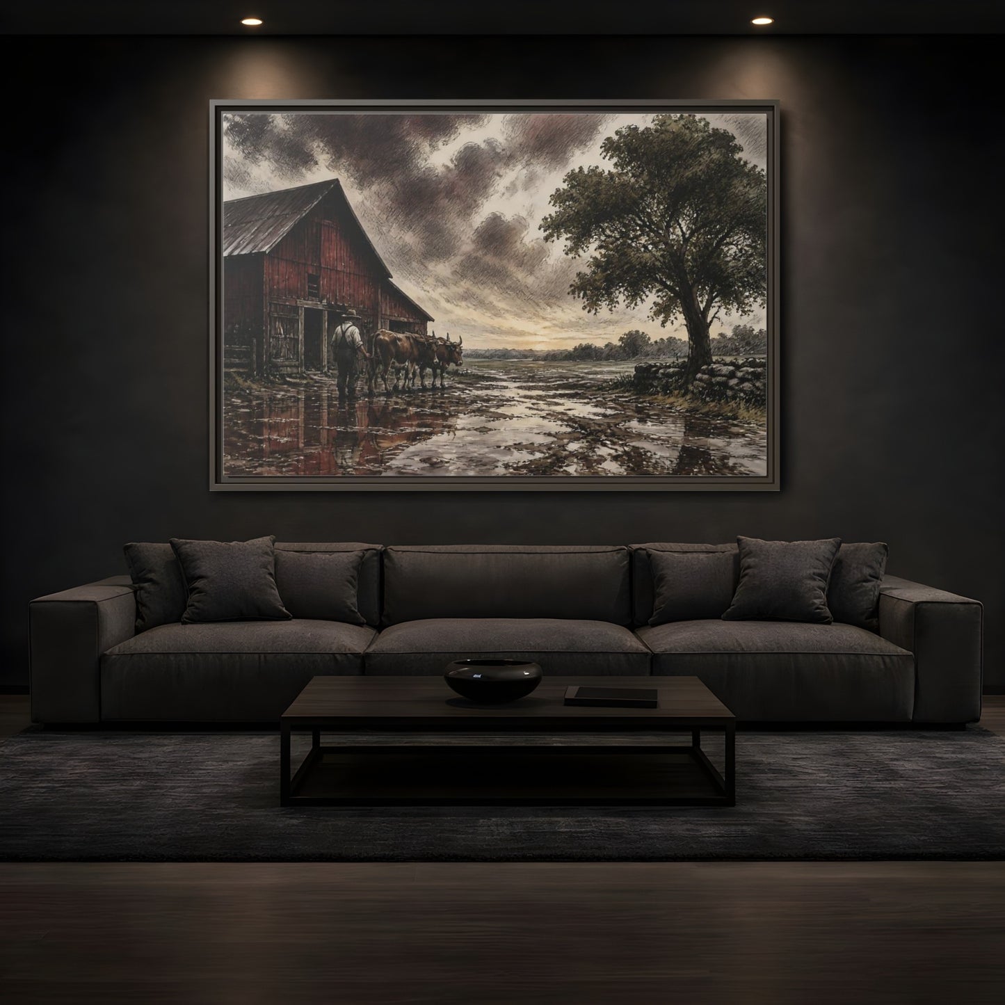 Mockup 3. Rain-Darkened Barnyard shown as framed canvas print