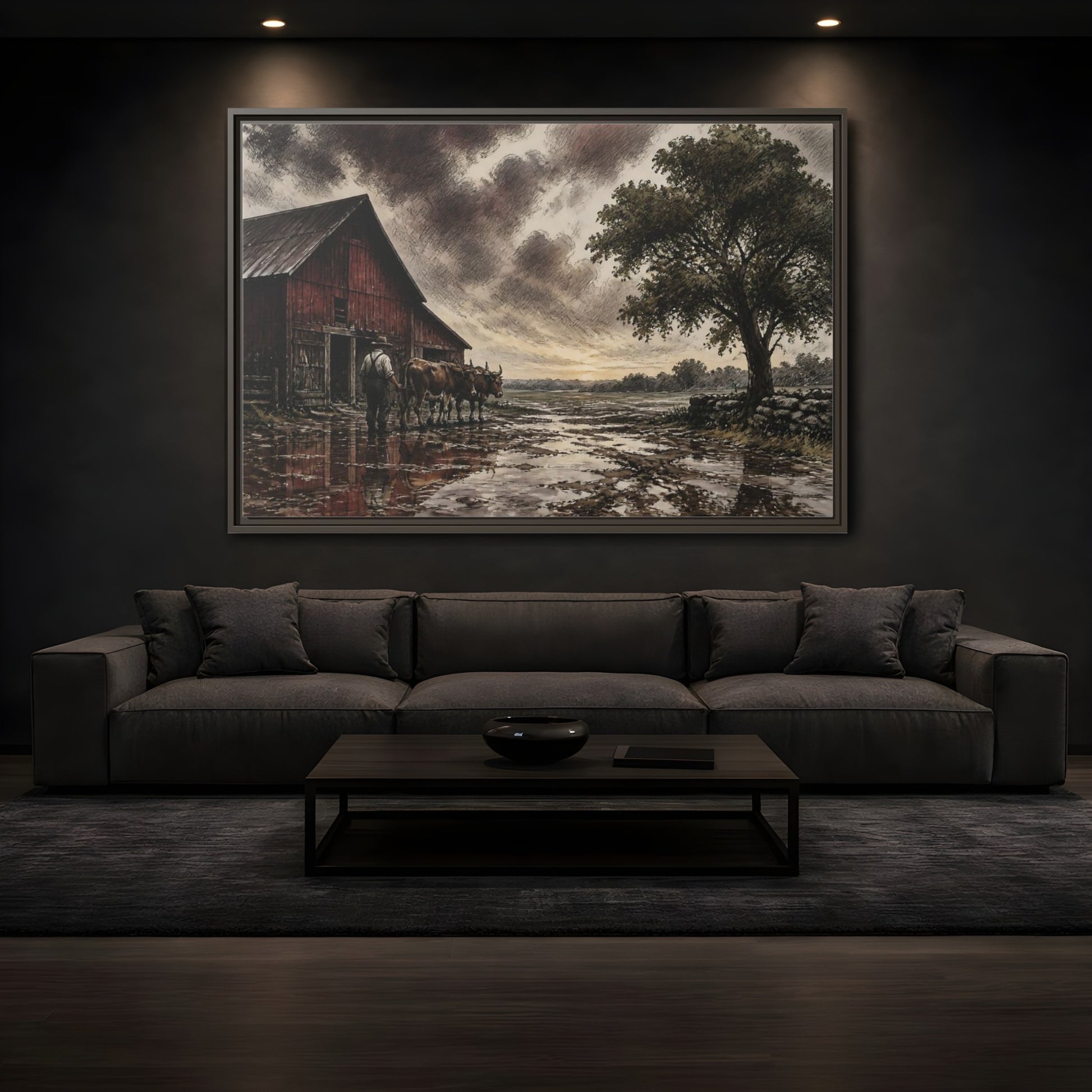 Mockup 3. Rain-Darkened Barnyard shown as framed canvas print