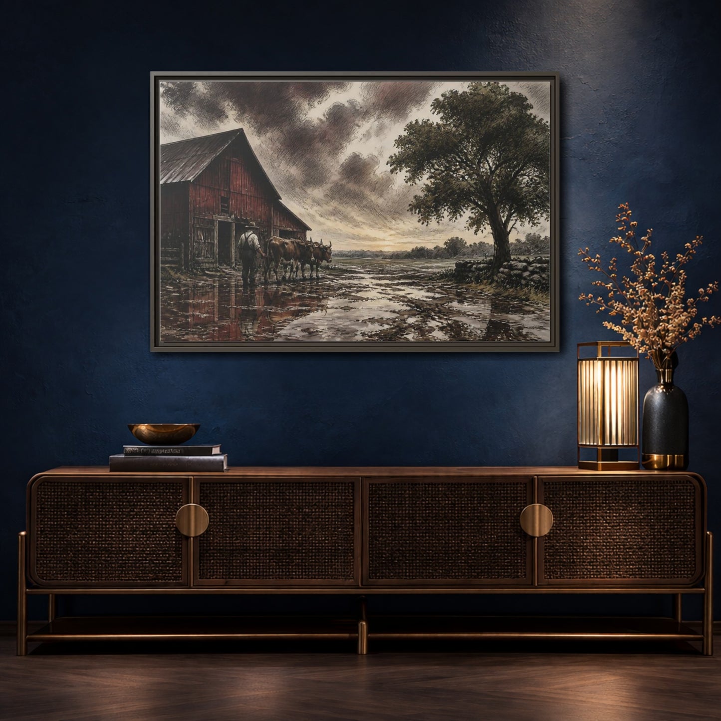 Mockup 4. Rain-Darkened Barnyard shown as framed canvas print