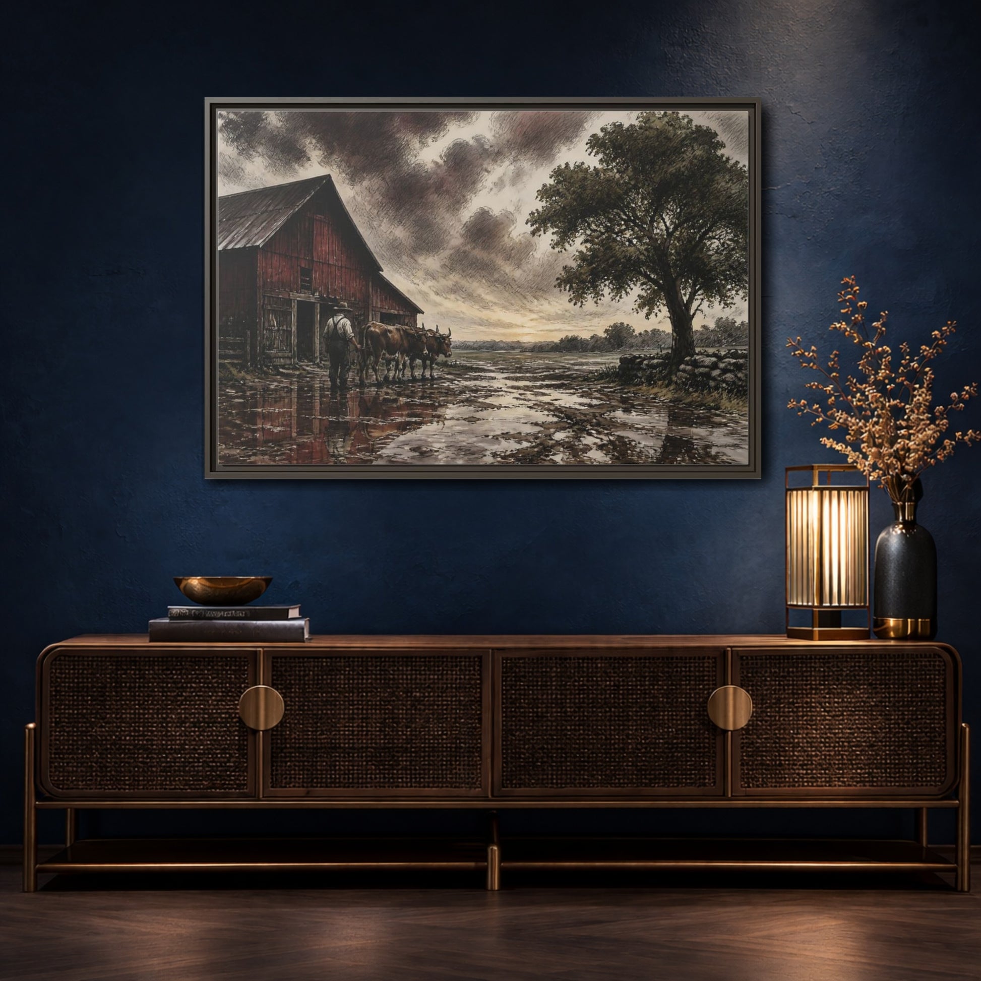 Mockup 4. Rain-Darkened Barnyard shown as framed canvas print