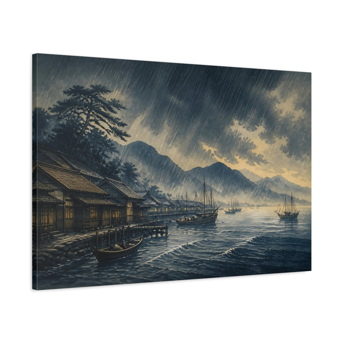 Main Mockup. Rain Over Fishing Harbor shown as canvas print