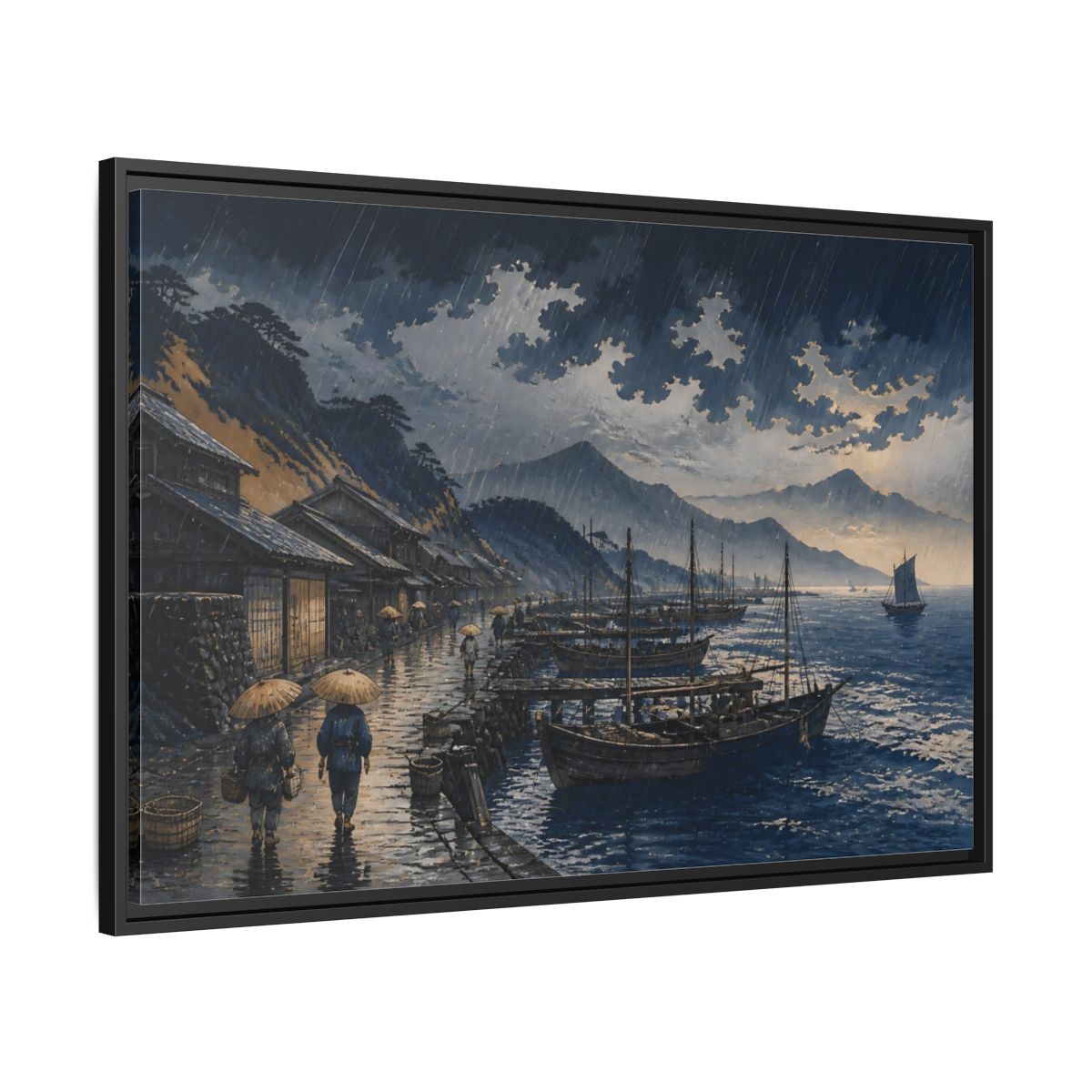 Side Mockup 13. Rain Over Fishing Harbor shown as framed canvas print