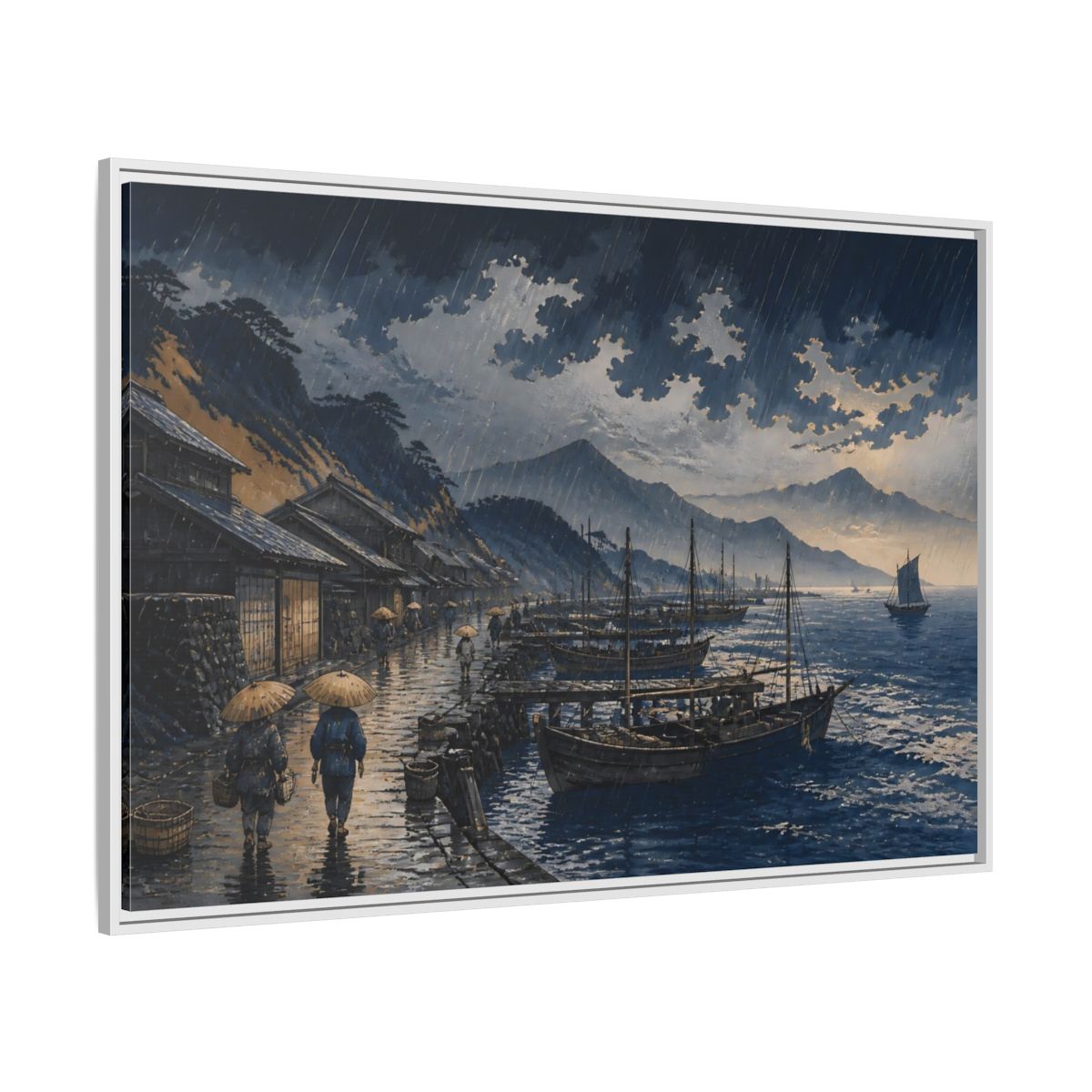 Side Mockup 7. Rain Over Fishing Harbor shown as framed canvas print