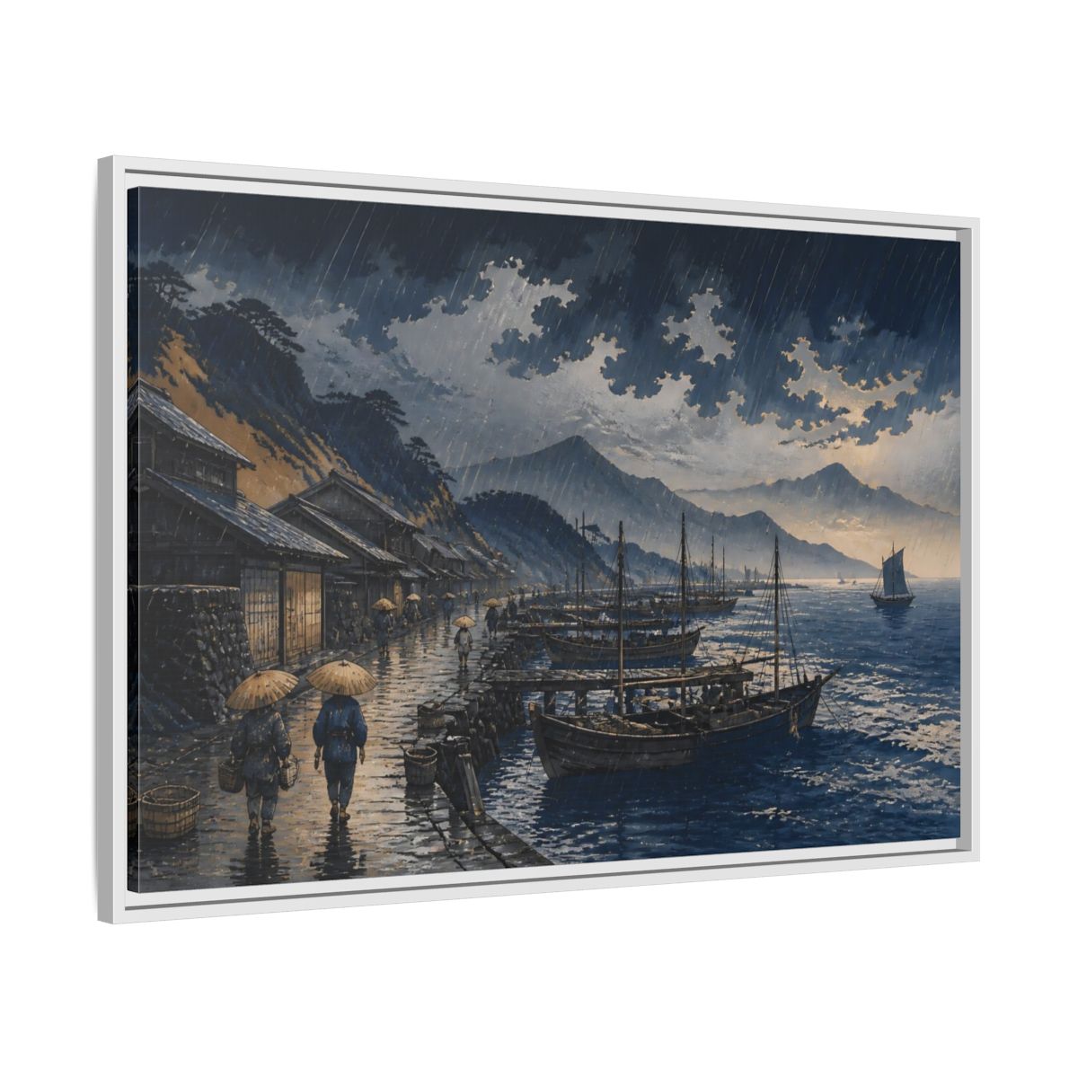 Side Mockup 9. Rain Over Fishing Harbor shown as framed canvas print