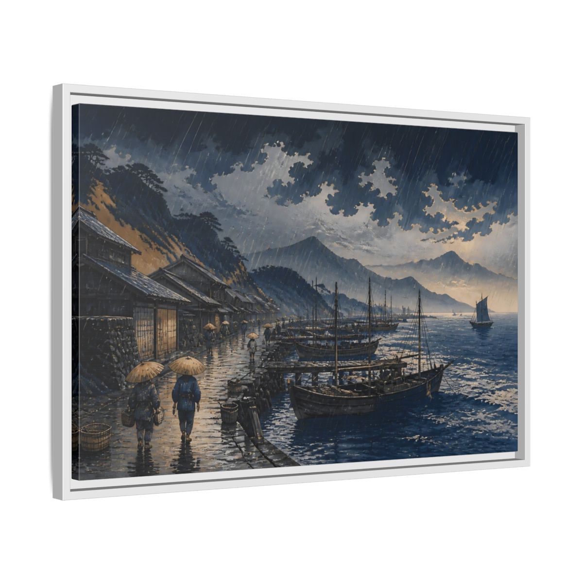 Side Mockup 10. Rain Over Fishing Harbor shown as framed canvas print