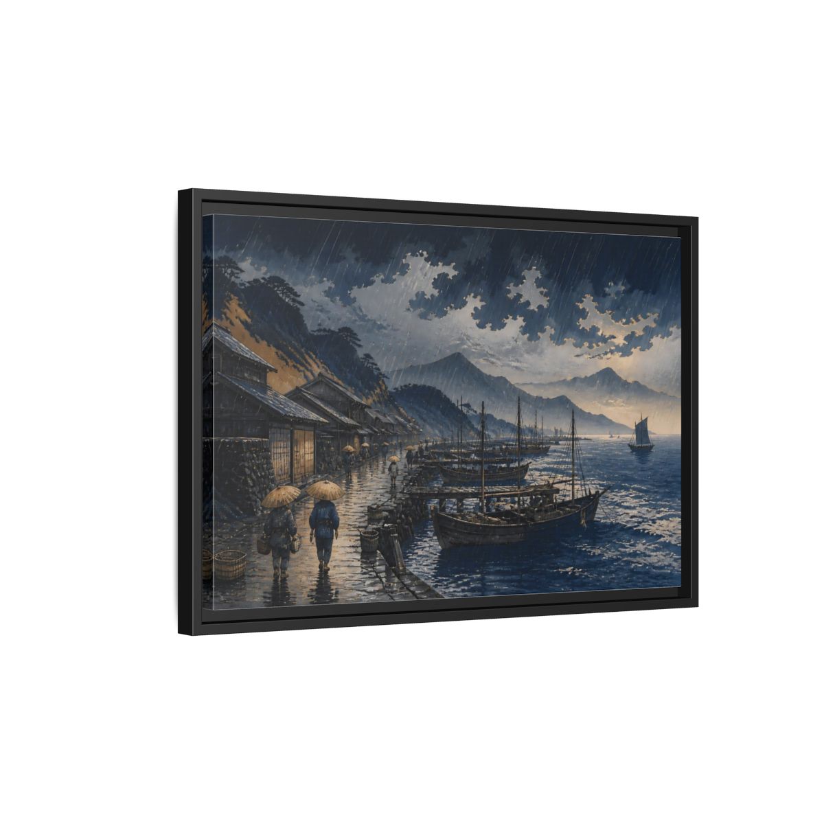 Side Mockup 3. Rain Over Fishing Harbor shown as framed canvas print
