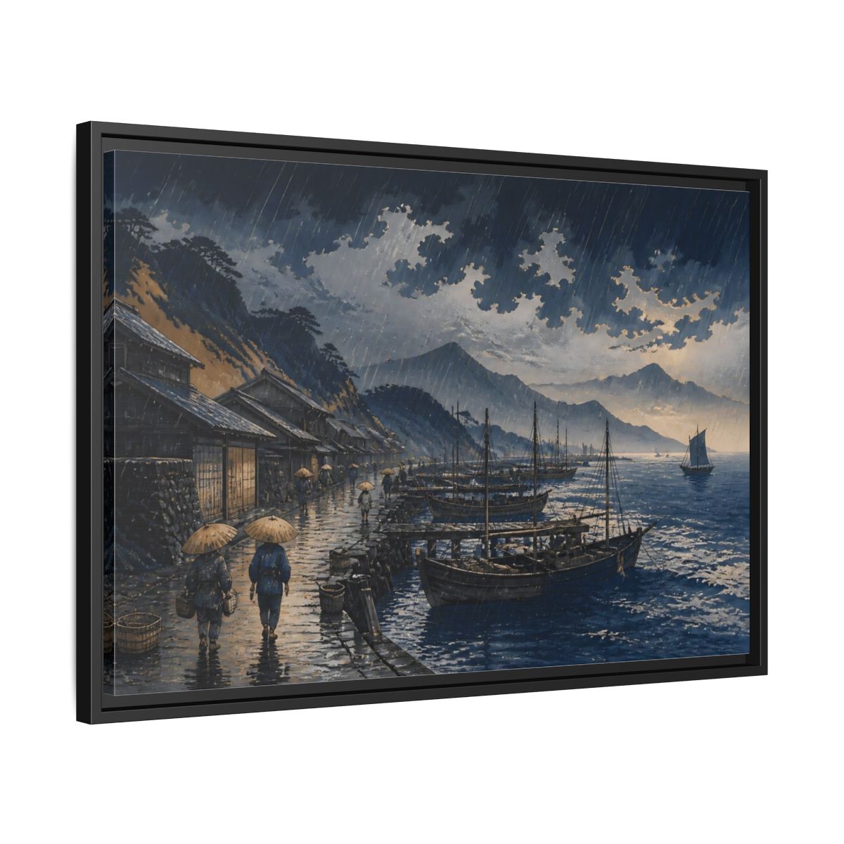 Side Mockup 14. Rain Over Fishing Harbor shown as framed canvas print