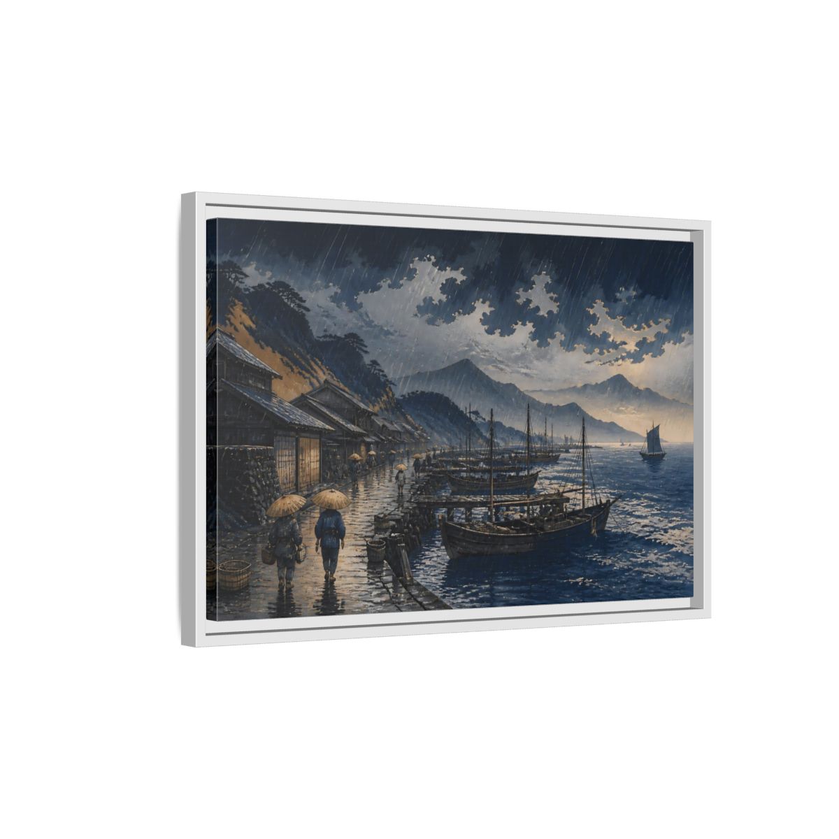 Side Mockup 1. Rain Over Fishing Harbor shown as framed canvas print