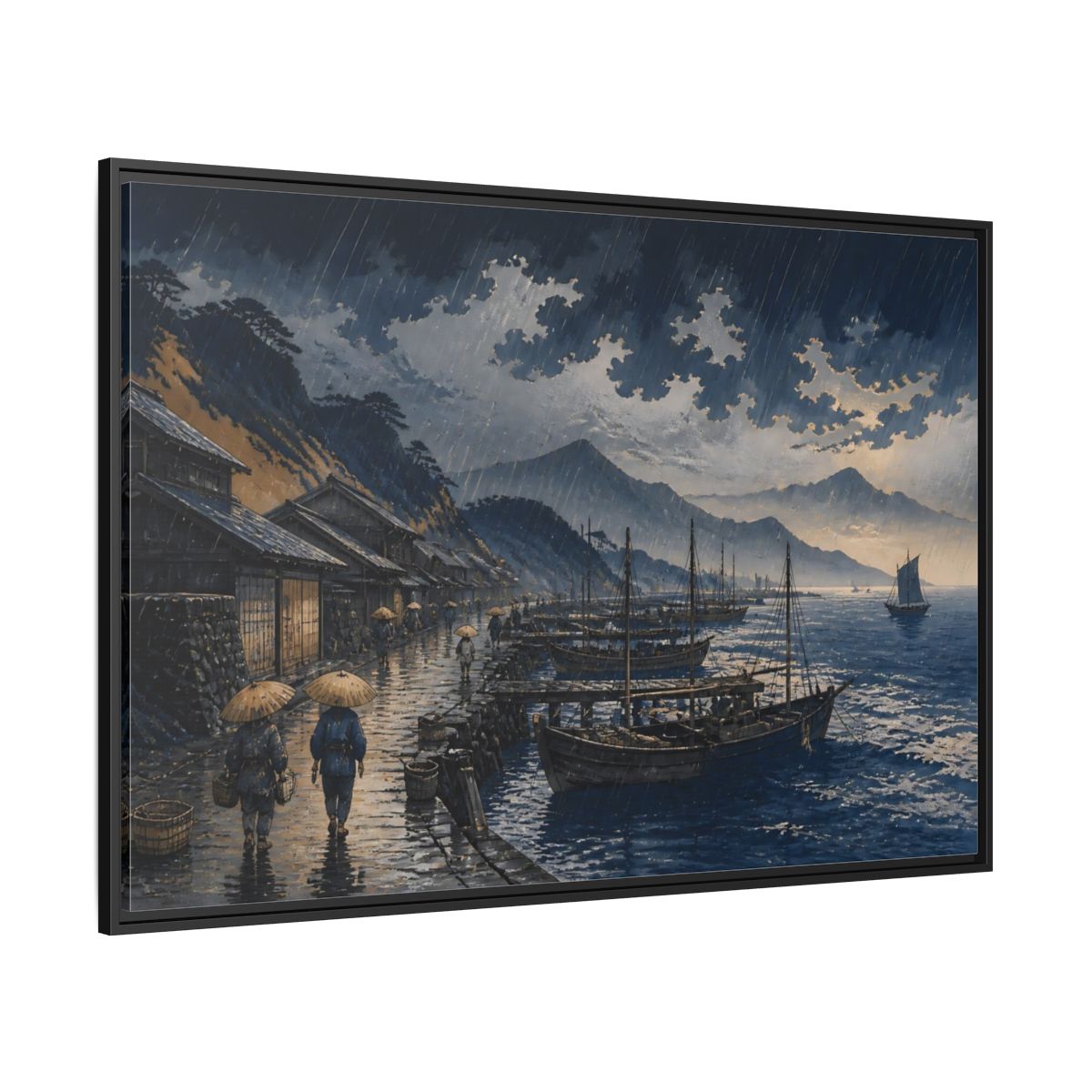 Side Mockup 12. Rain Over Fishing Harbor shown as framed canvas print