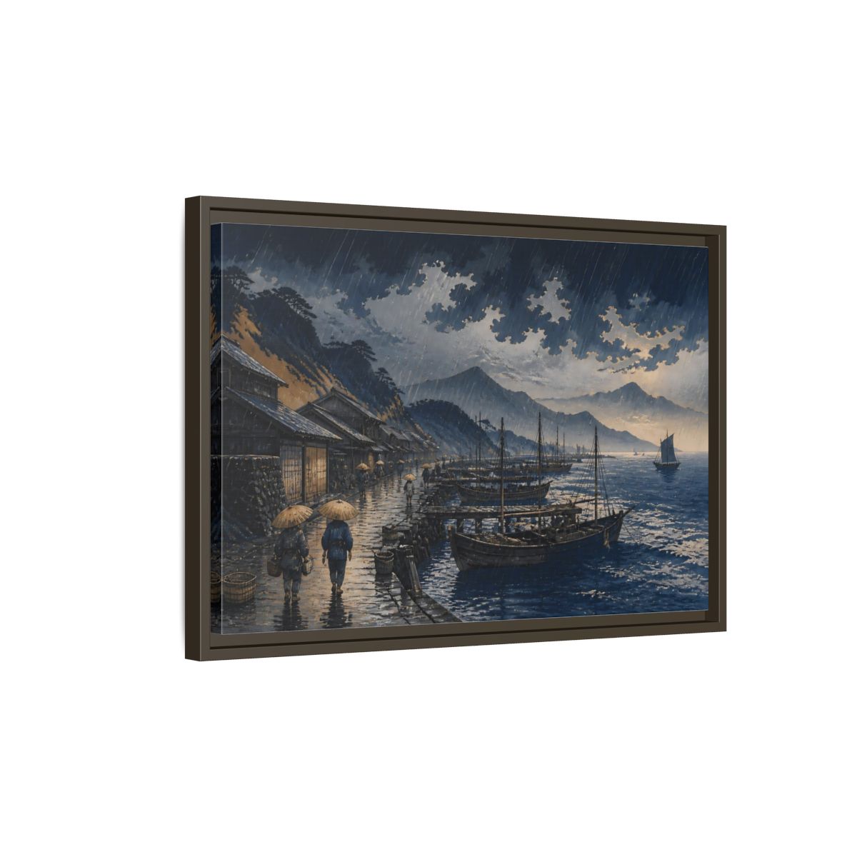 Side Mockup 2. Rain Over Fishing Harbor shown as framed canvas print