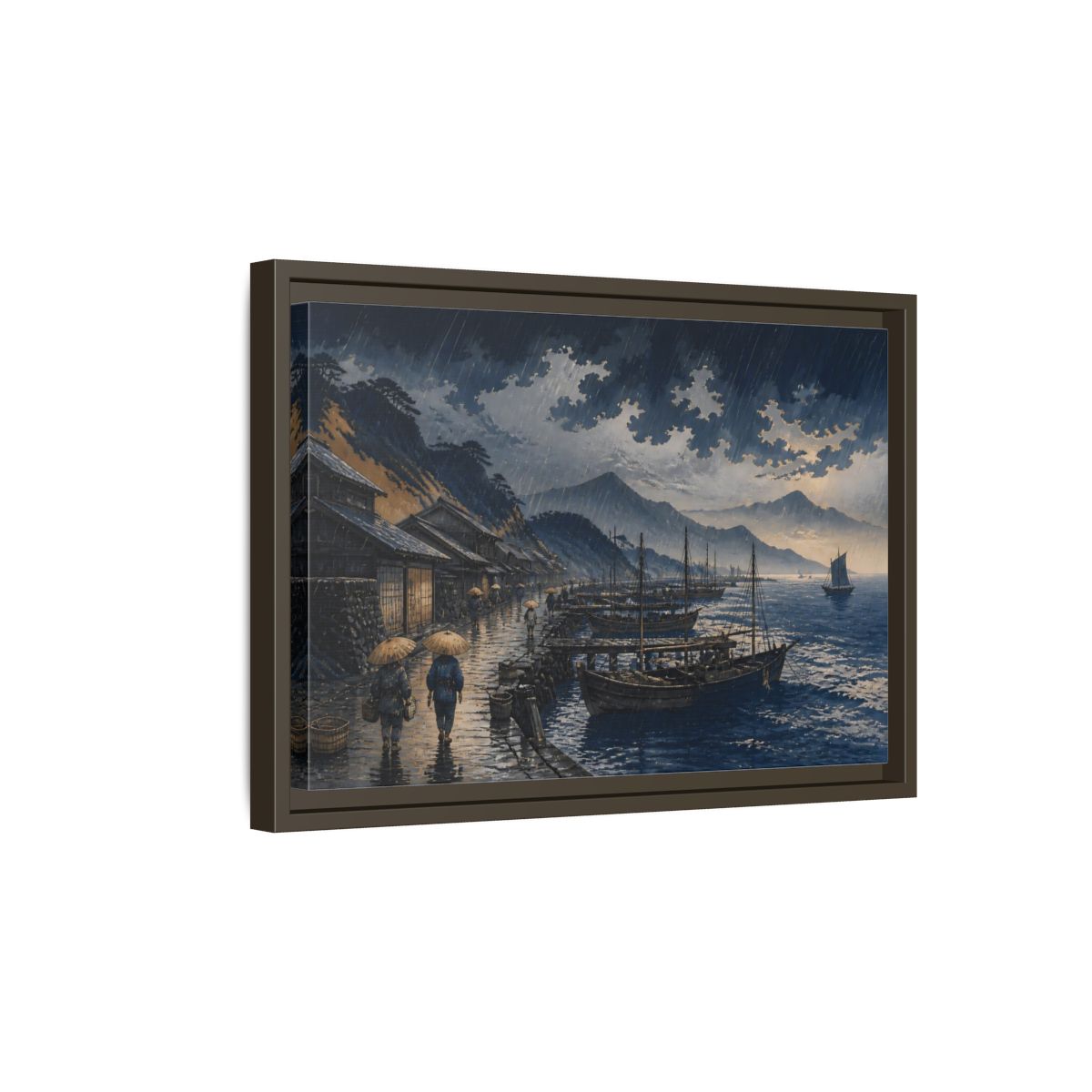 Side Mockup 5. Rain Over Fishing Harbor shown as framed canvas print
