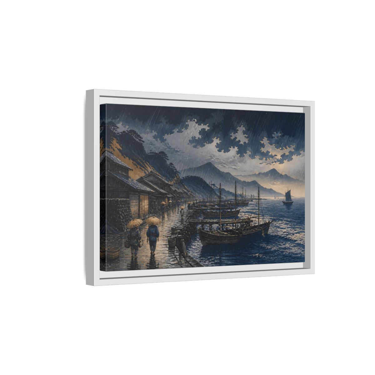 Side Mockup 4. Rain Over Fishing Harbor shown as framed canvas print