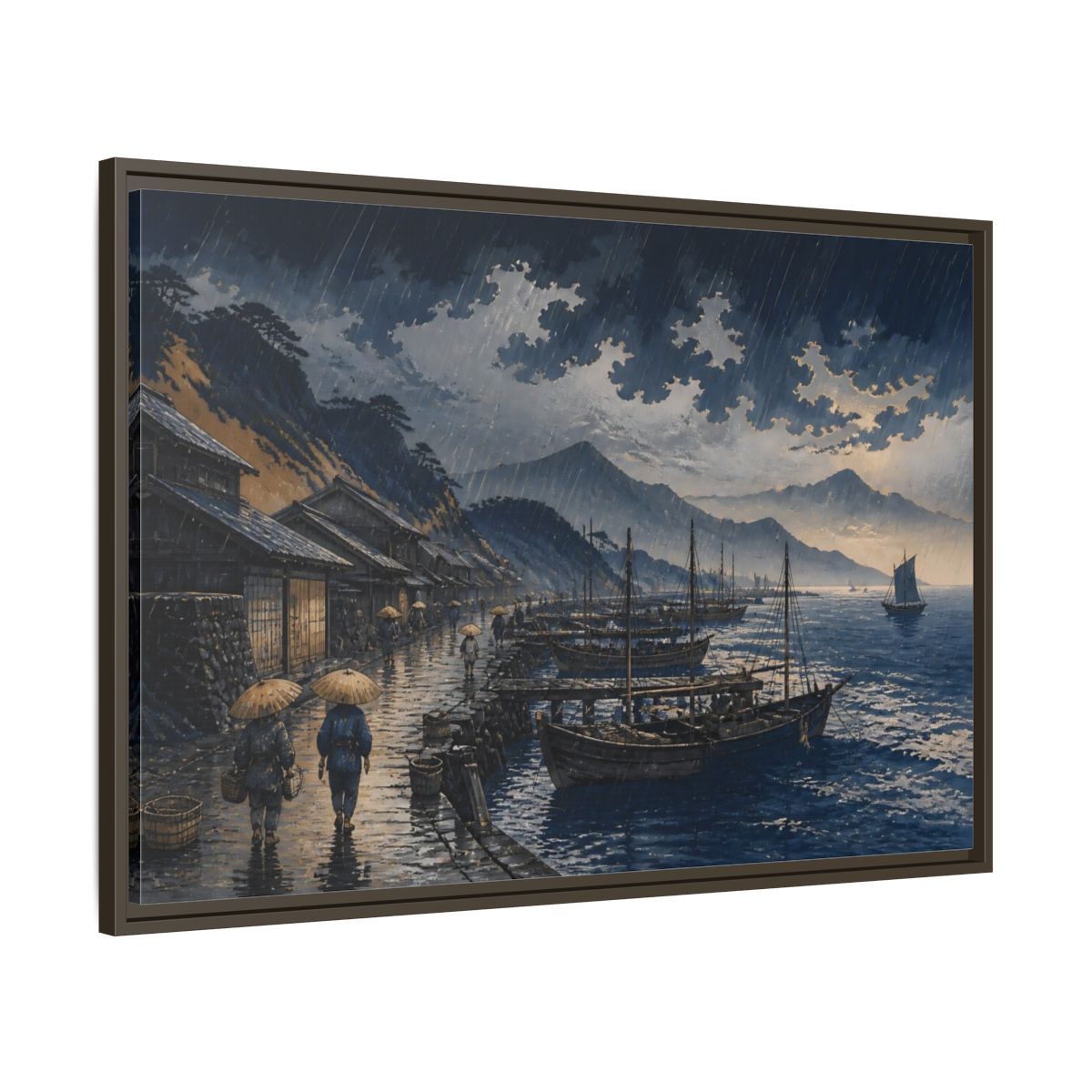 Main Mockup. Rain Over Fishing Harbor shown as framed canvas print