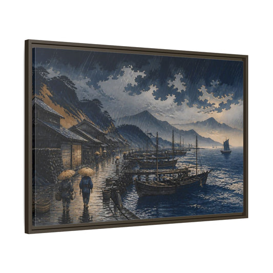 Main Mockup. Rain Over Fishing Harbor shown as framed canvas print