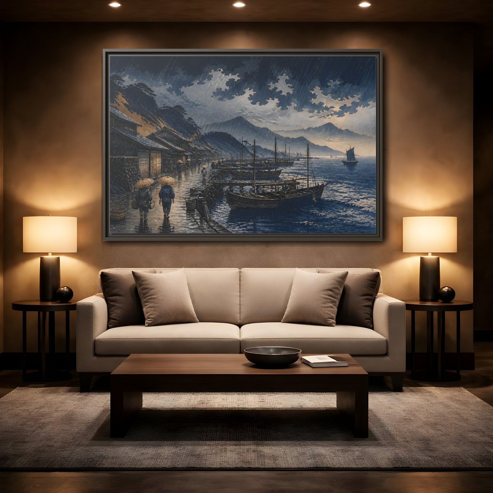Mockup 2. Rain Over Fishing Harbor shown as framed canvas print