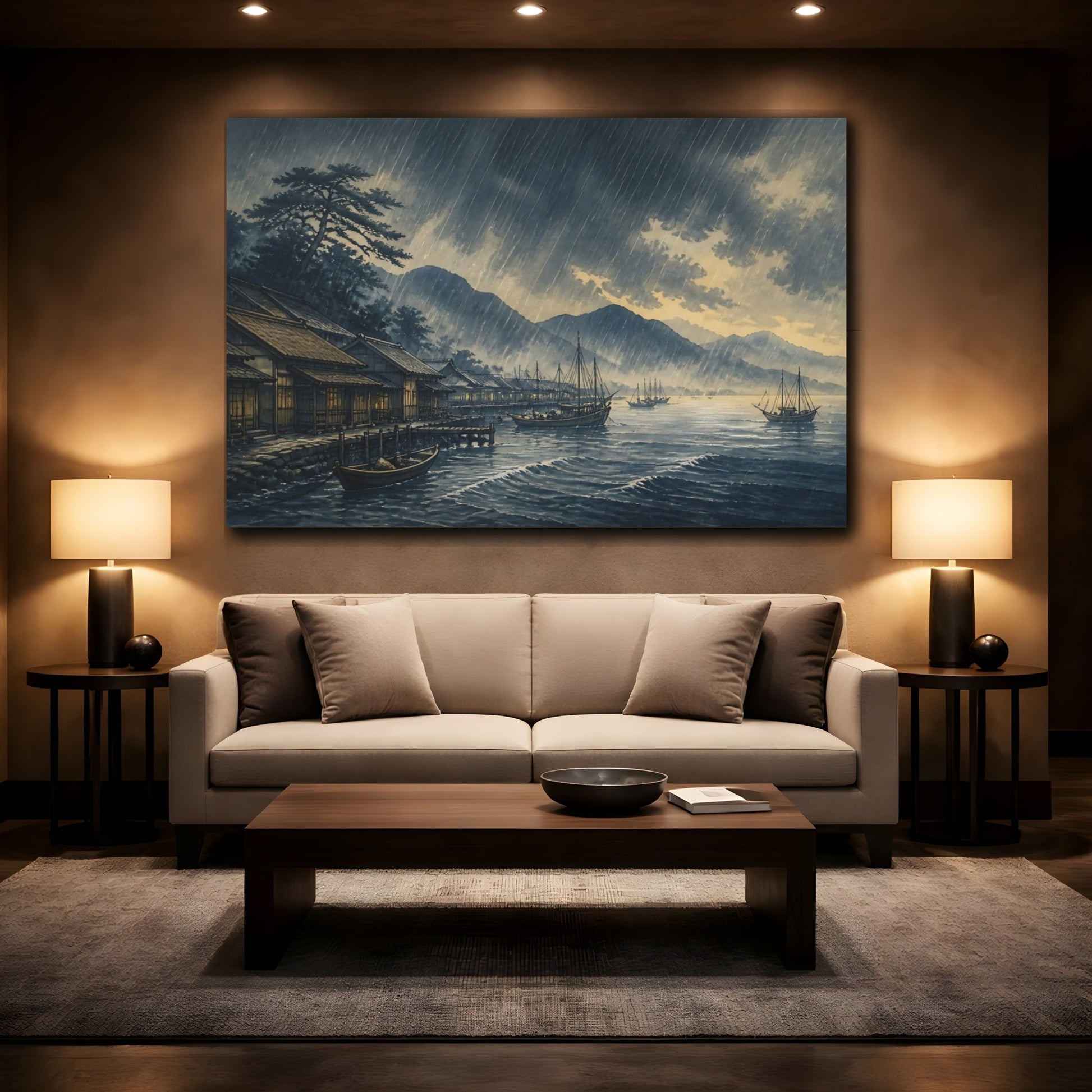 Mockup 2. Rain Over Fishing Harbor shown as canvas print