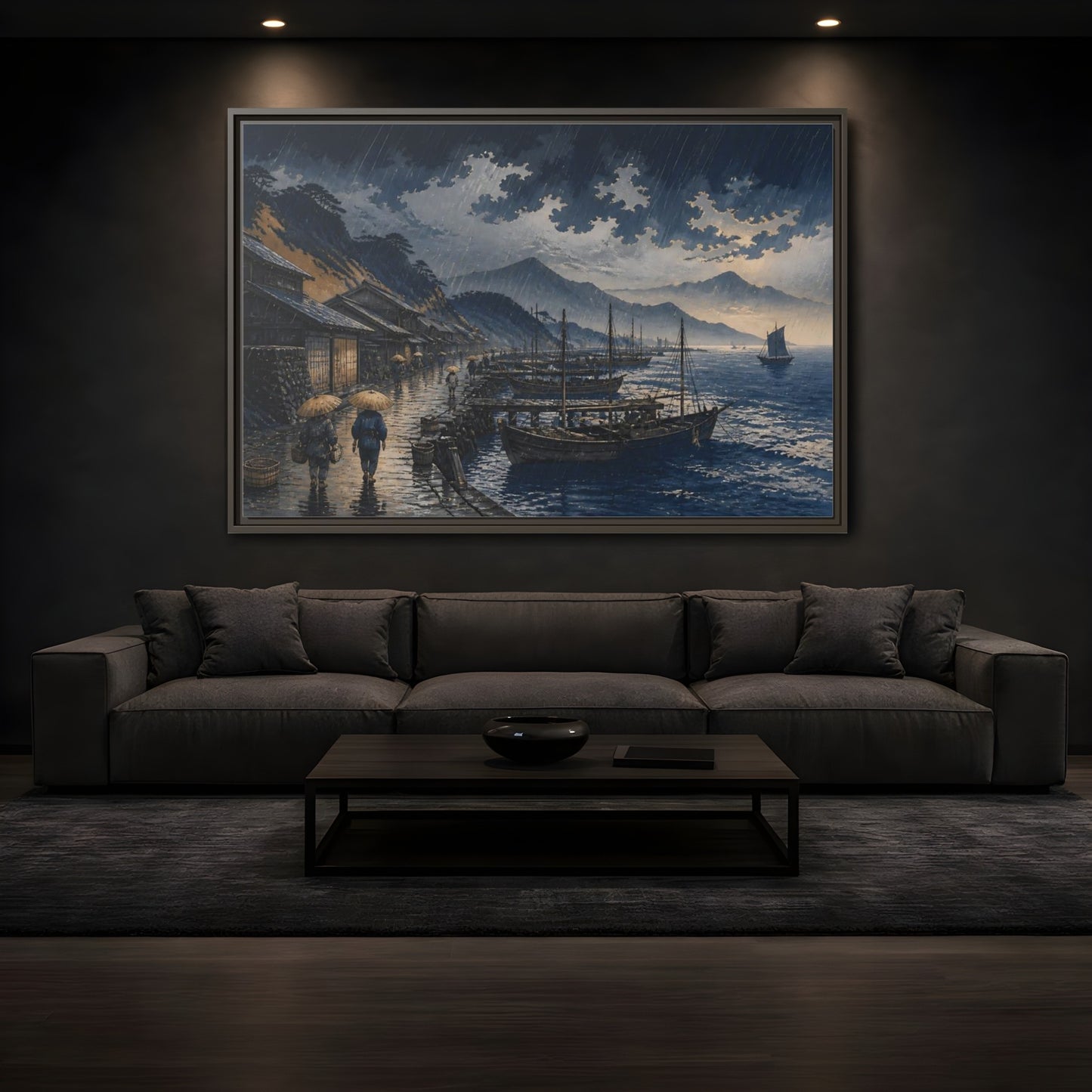 Mockup 3. Rain Over Fishing Harbor shown as framed canvas print