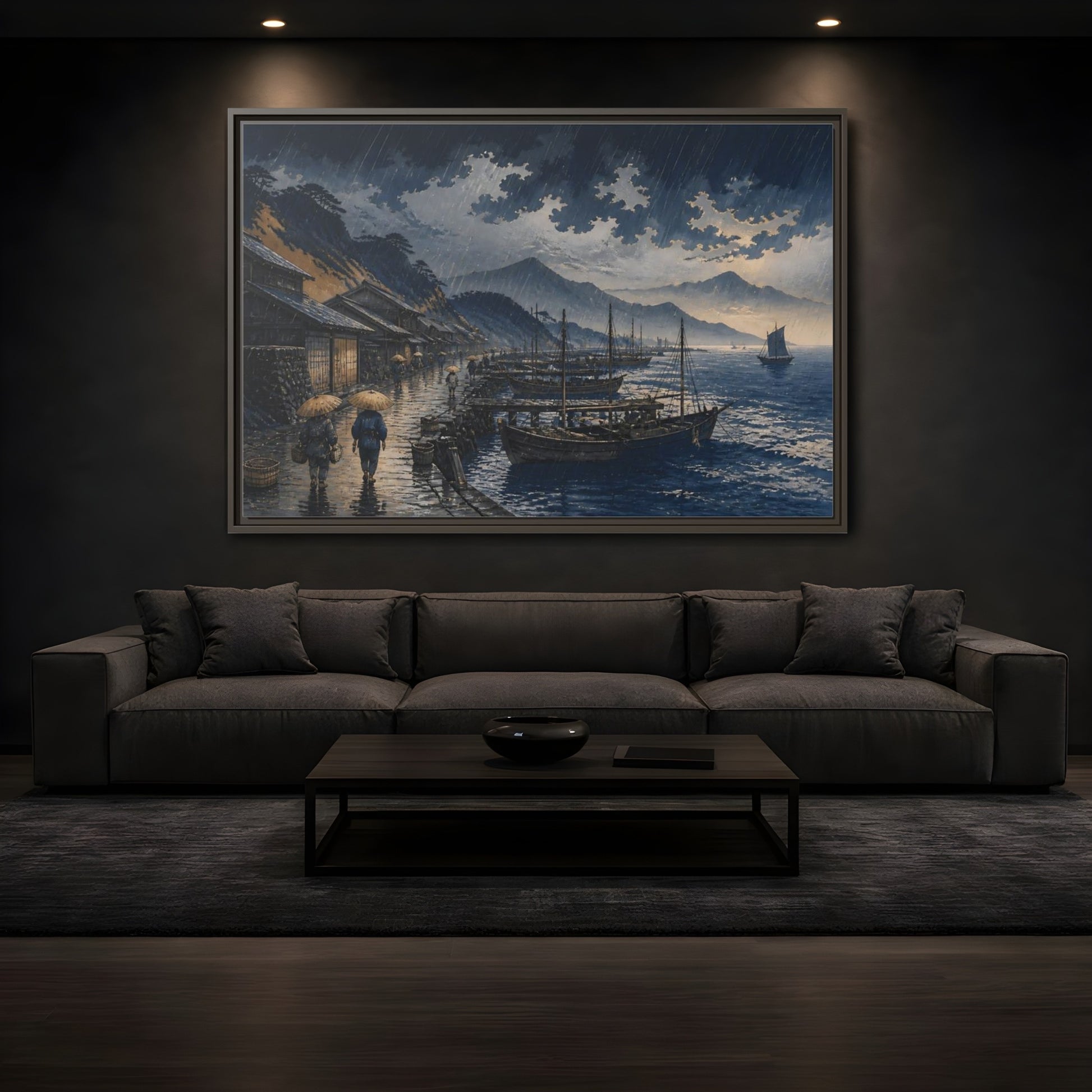 Mockup 3. Rain Over Fishing Harbor shown as framed canvas print