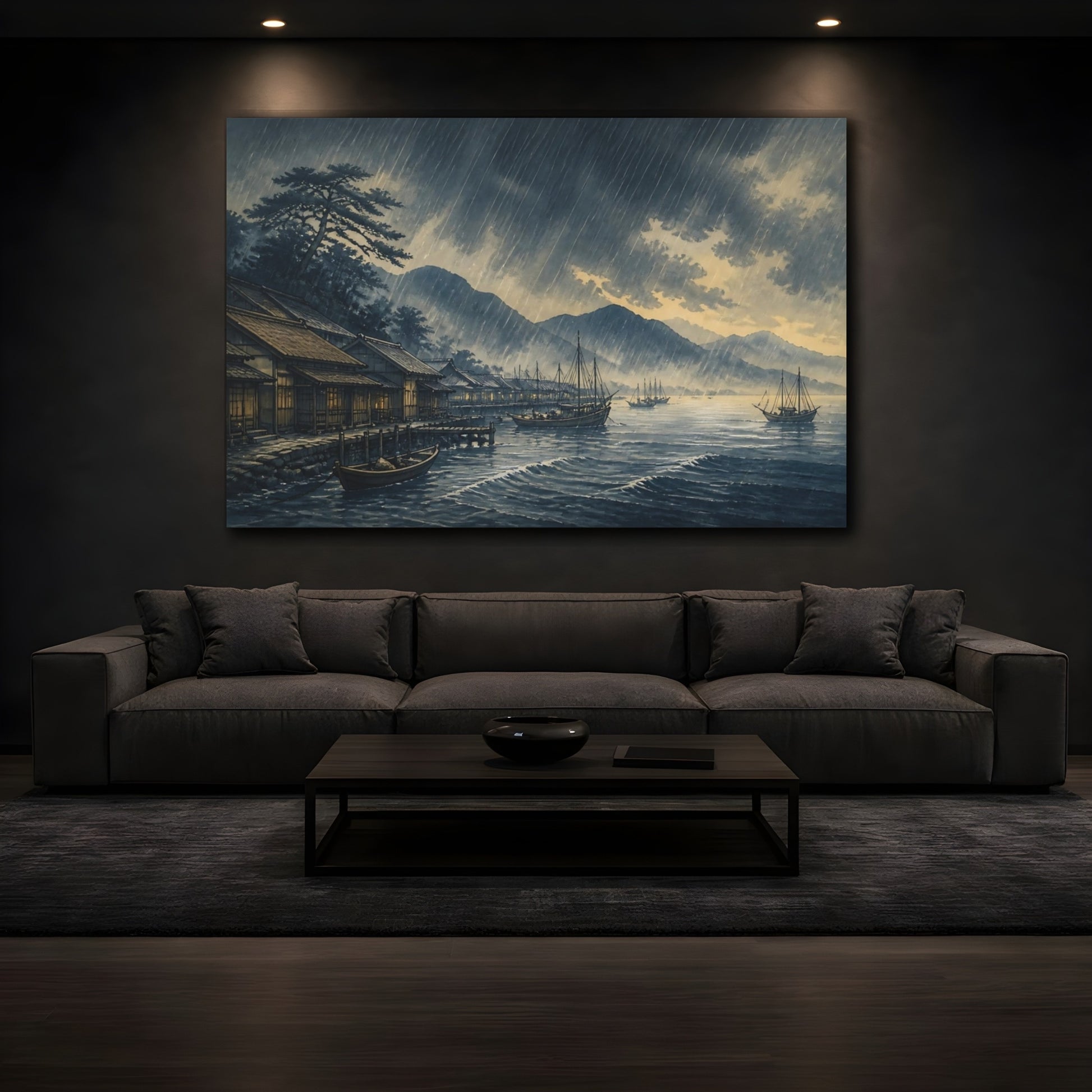 Mockup 3. Rain Over Fishing Harbor shown as canvas print