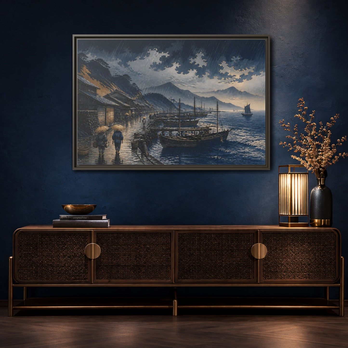 Mockup 4. Rain Over Fishing Harbor shown as framed canvas print