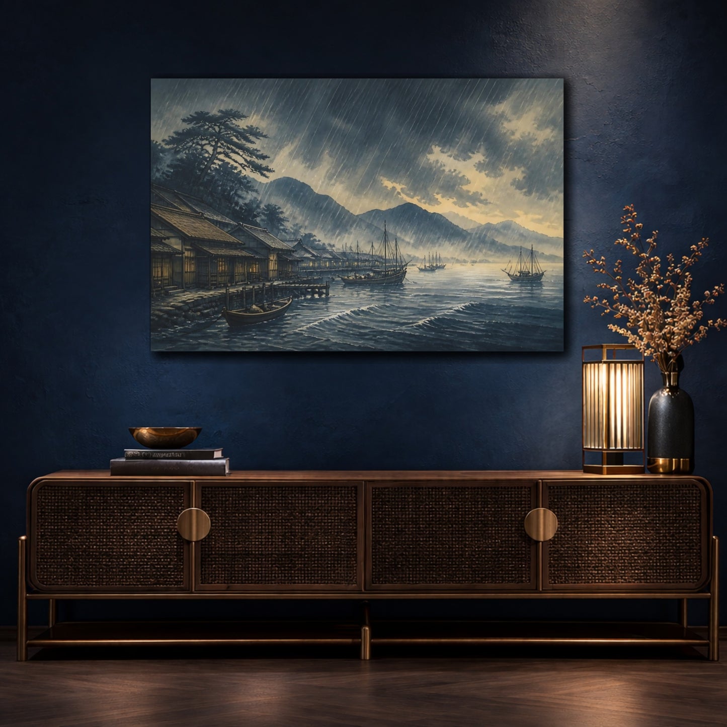 Mockup 4. Rain Over Fishing Harbor shown as canvas print