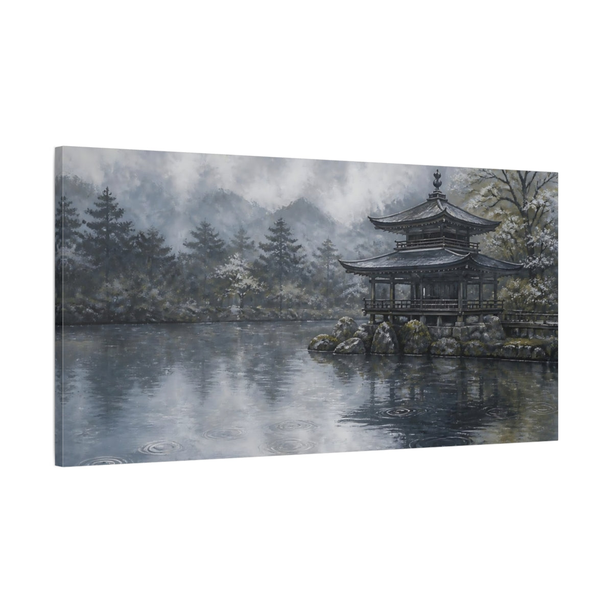 Main Mockup. Rain Rings At Temple Pond shown as canvas print