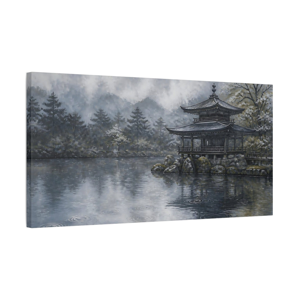Side Mockup 1. Rain Rings At Temple Pond shown as canvas print