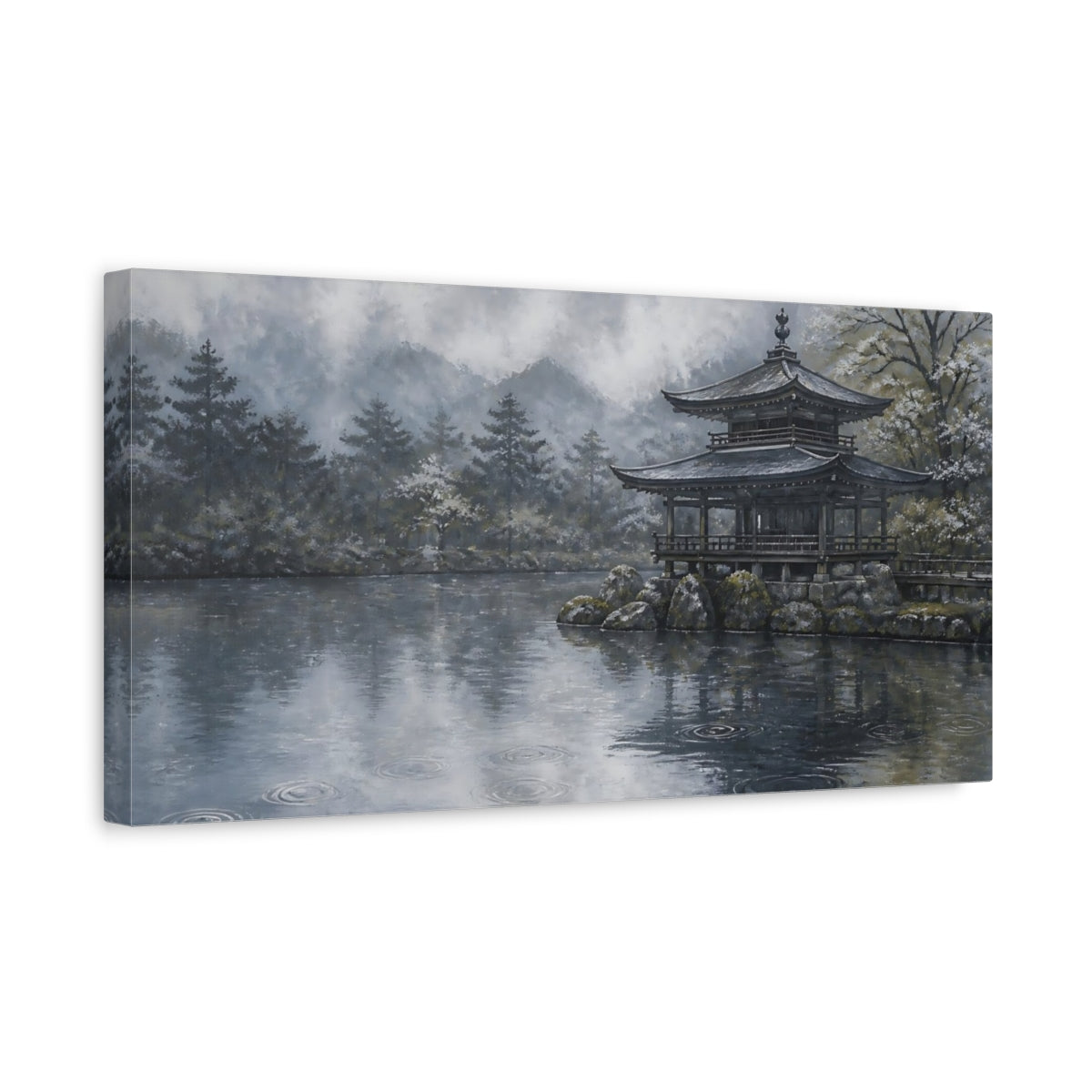 Side Mockup 3. Rain Rings At Temple Pond shown as canvas print
