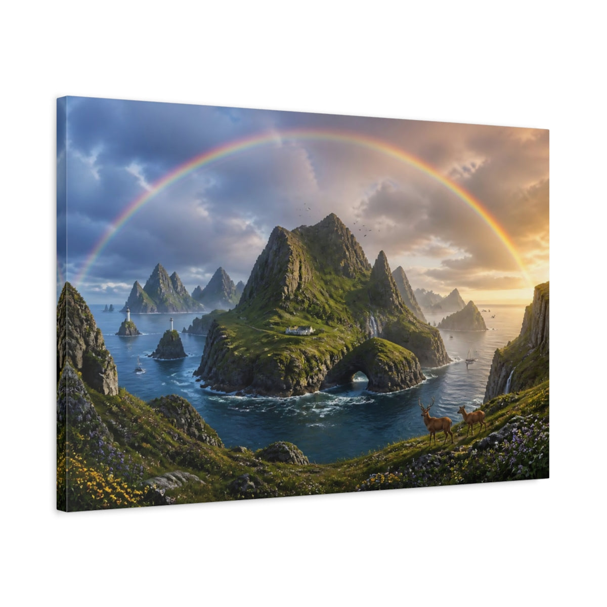 Side Mockup 2. Rainbow Over Coastal Islands shown as canvas print