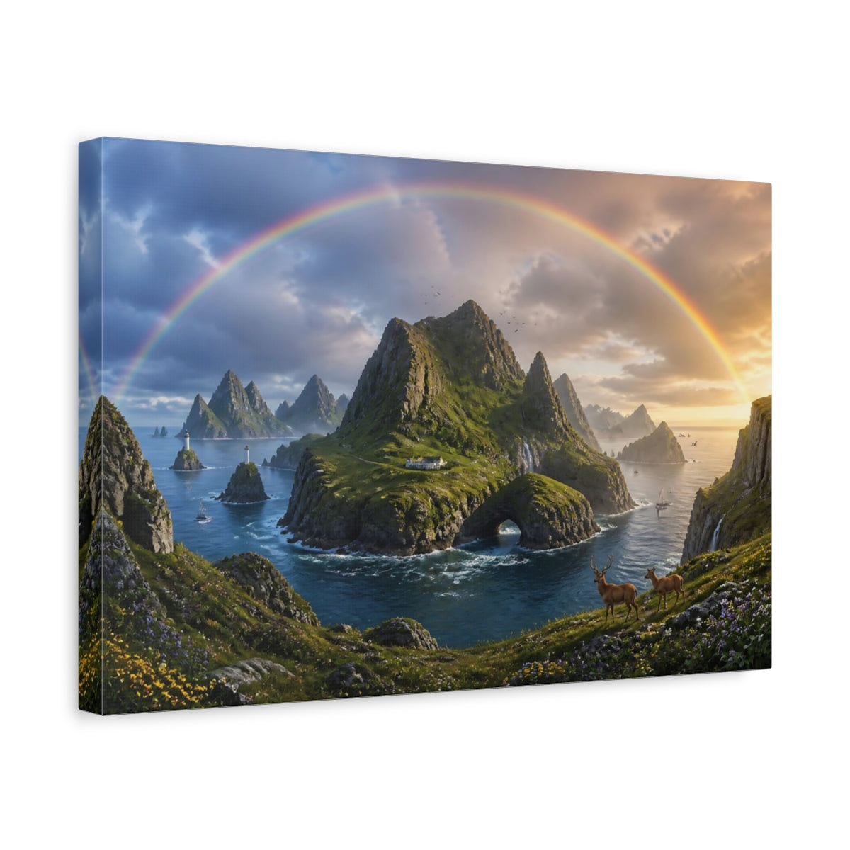 Side Mockup 4. Rainbow Over Coastal Islands shown as canvas print