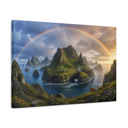 Side Mockup 3. Rainbow Over Coastal Islands shown as canvas print