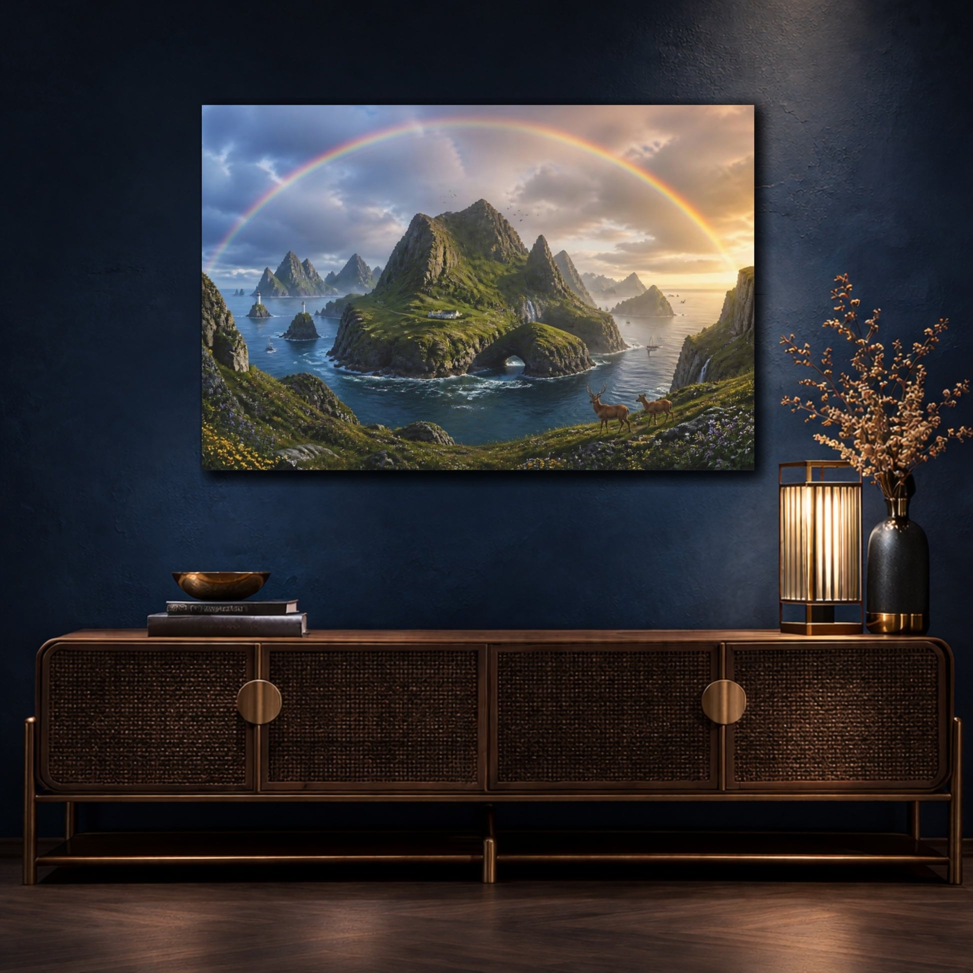 Mockup 4. Rainbow Over Coastal Islands shown as canvas print