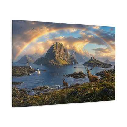 Main Mockup. Rainbow Over Coastal Stag shown as canvas print