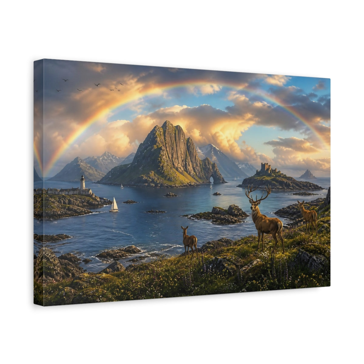 Side Mockup 4. Rainbow Over Coastal Stag shown as canvas print