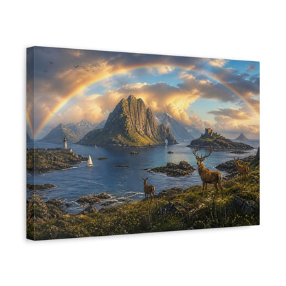 Side Mockup 4. Rainbow Over Coastal Stag shown as canvas print