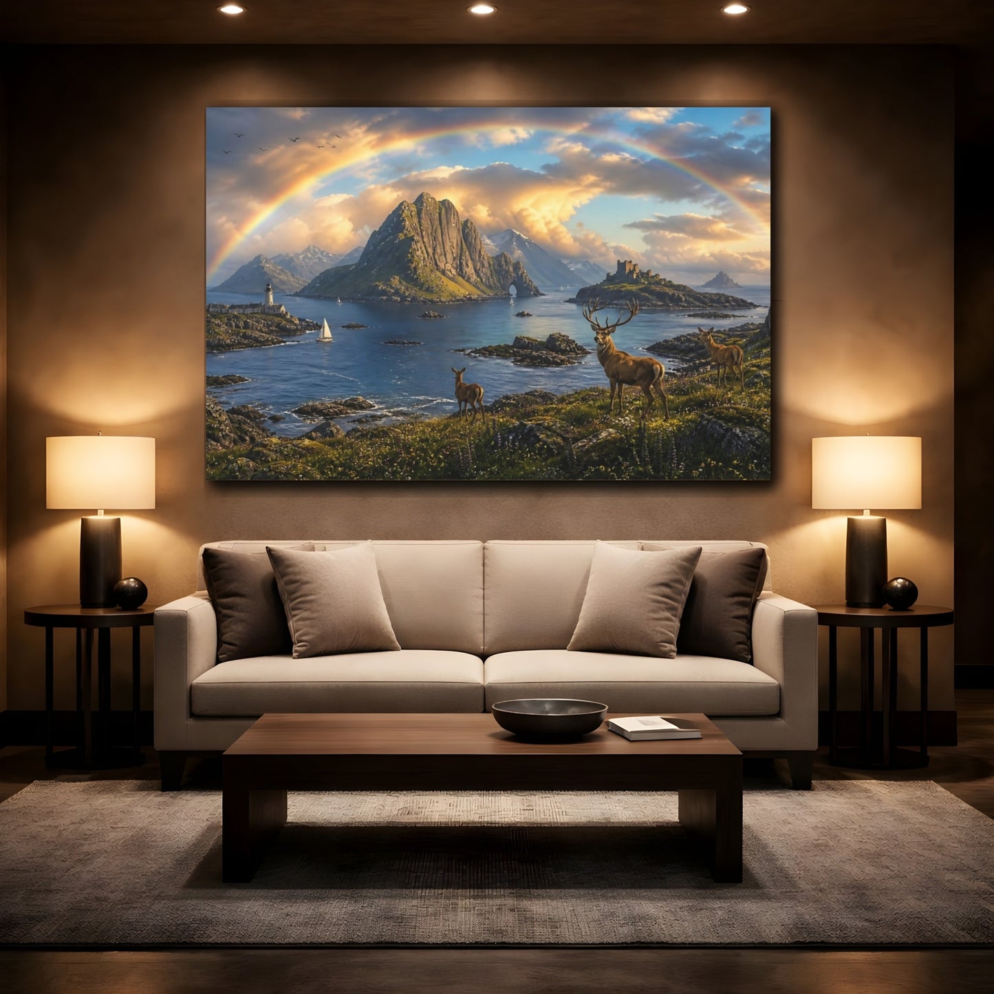 Mockup 2. Rainbow Over Coastal Stag shown as canvas print