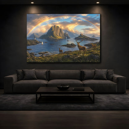 Mockup 3. Rainbow Over Coastal Stag shown as canvas print