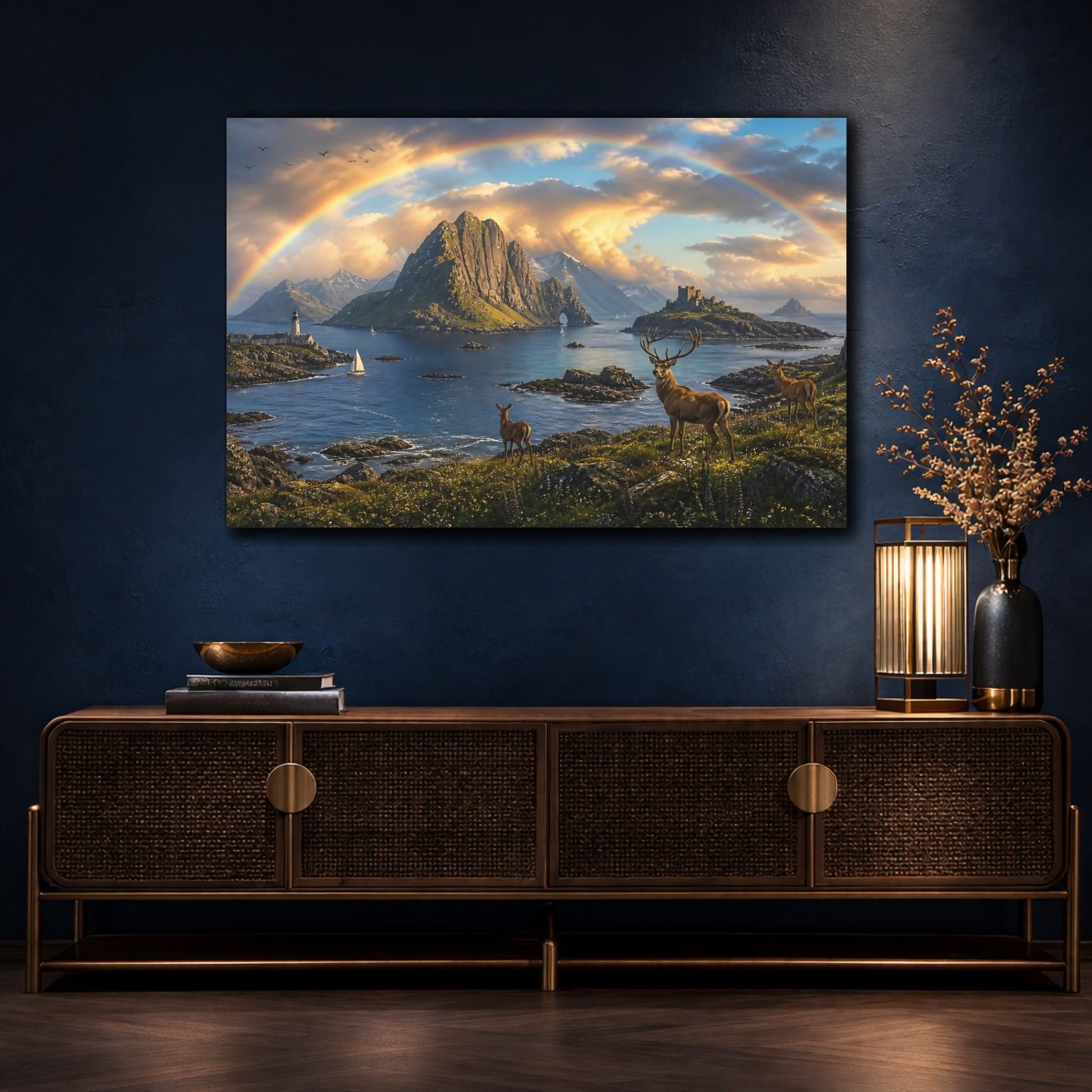 Mockup 4. Rainbow Over Coastal Stag shown as canvas print