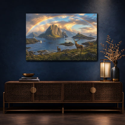 Mockup 4. Rainbow Over Coastal Stag shown as canvas print