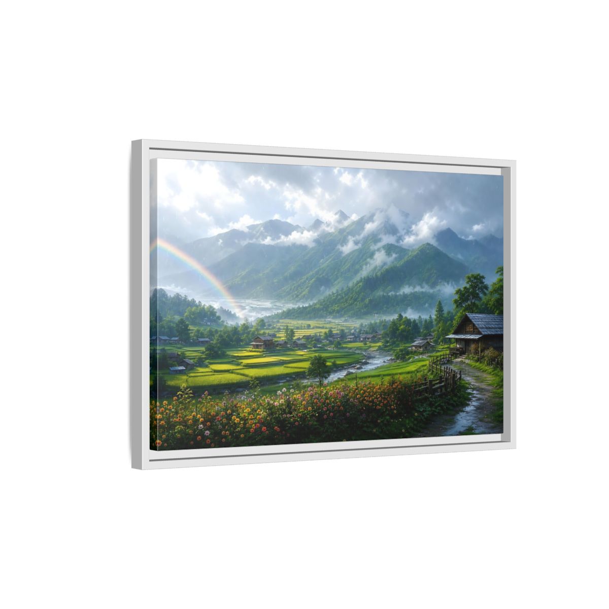 Side Mockup 1. Rainbow Over Rice Terraces shown as framed canvas print
