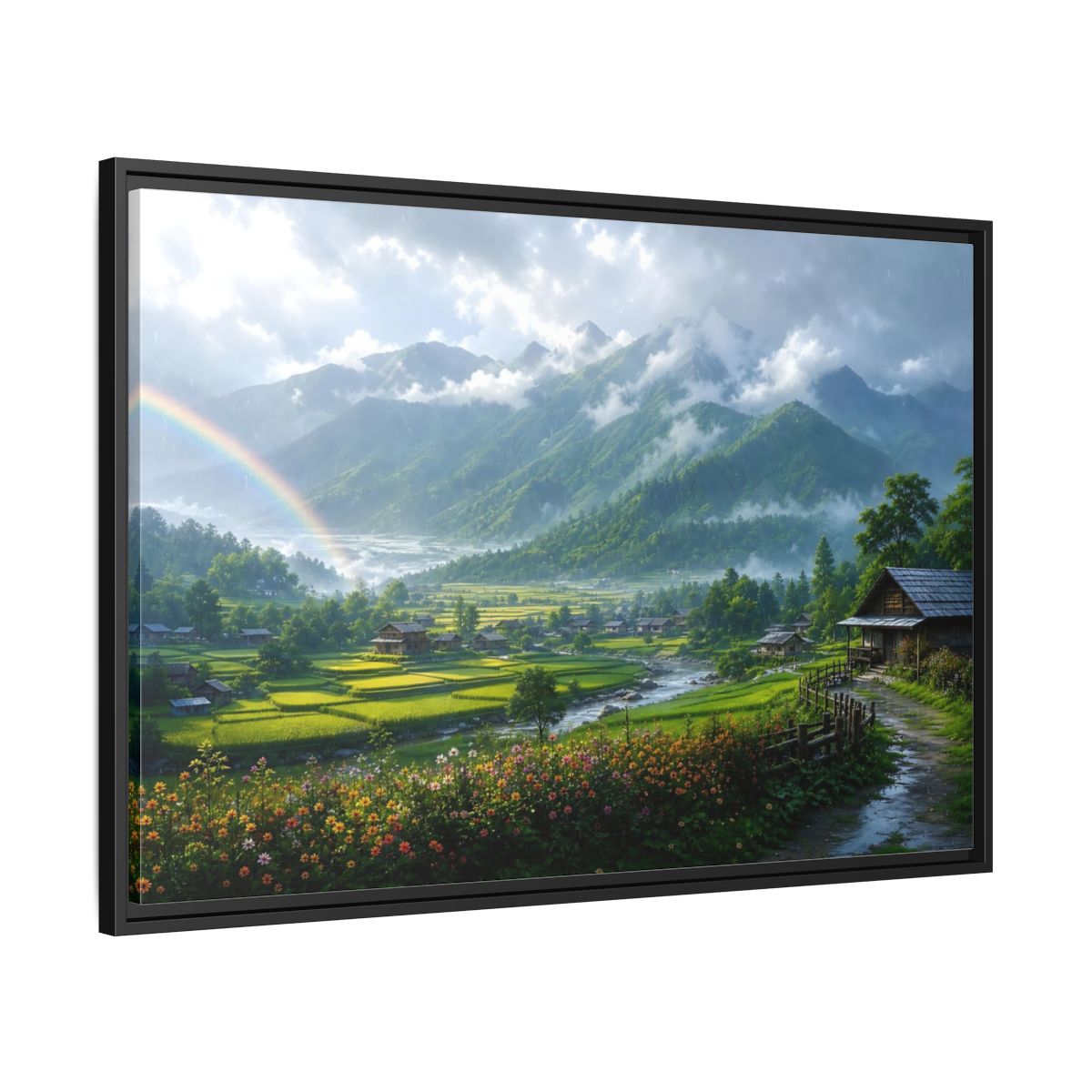 Side Mockup 13. Rainbow Over Rice Terraces shown as framed canvas print