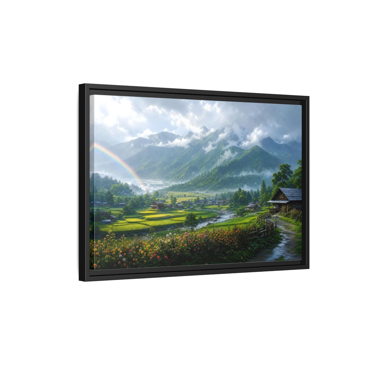Side Mockup 3. Rainbow Over Rice Terraces shown as framed canvas print