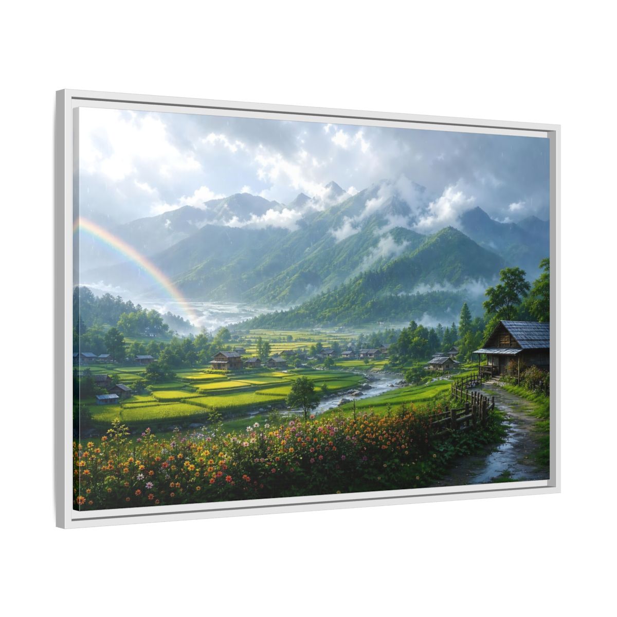 Side Mockup 9. Rainbow Over Rice Terraces shown as framed canvas print