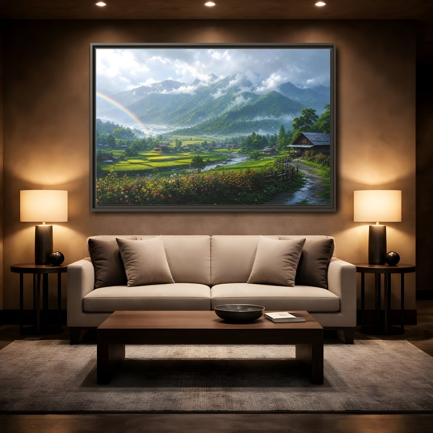 Mockup 2. Rainbow Over Rice Terraces shown as framed canvas print
