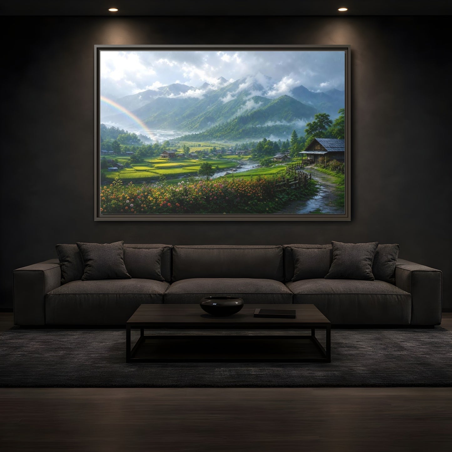 Mockup 3. Rainbow Over Rice Terraces shown as framed canvas print