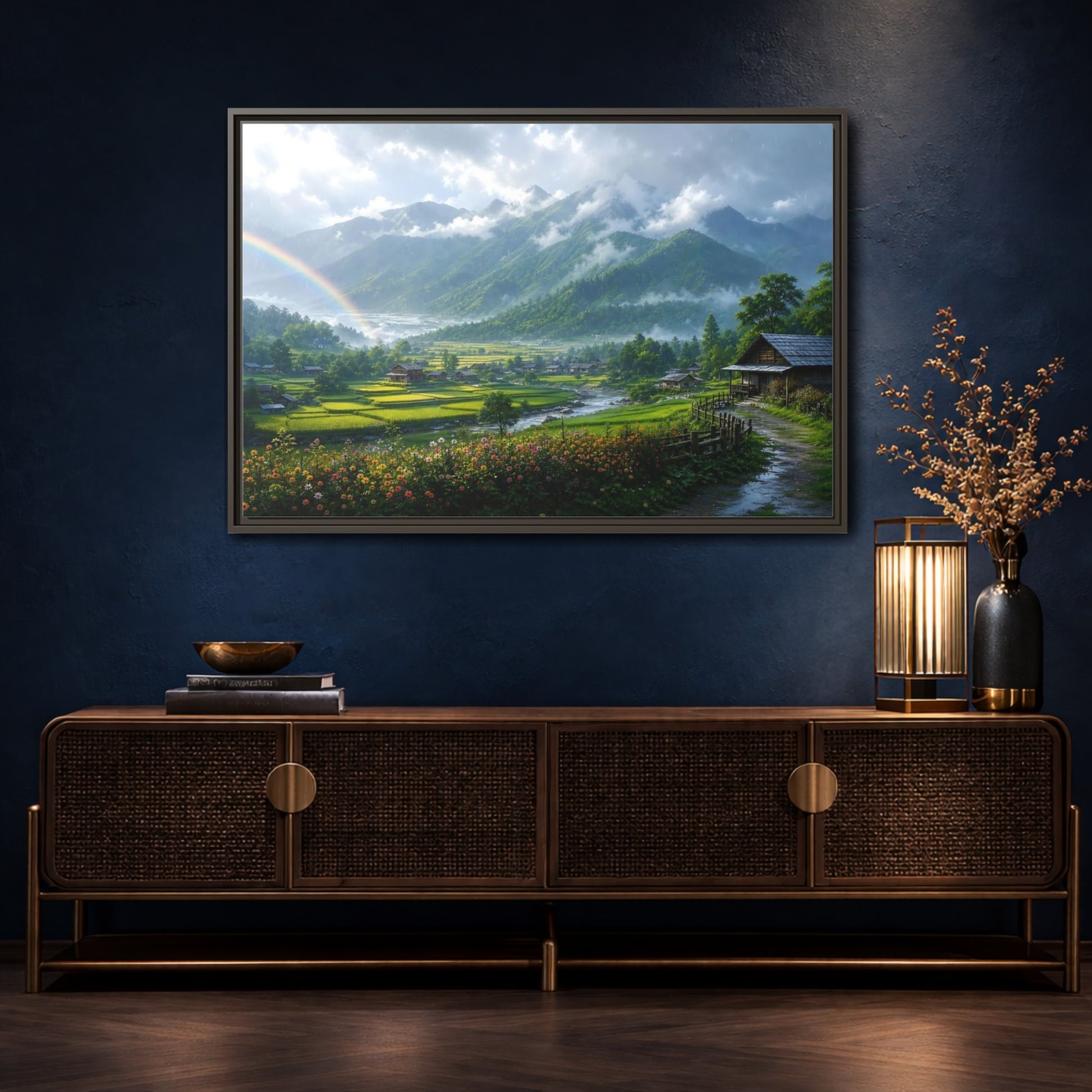 Mockup 4. Rainbow Over Rice Terraces shown as framed canvas print