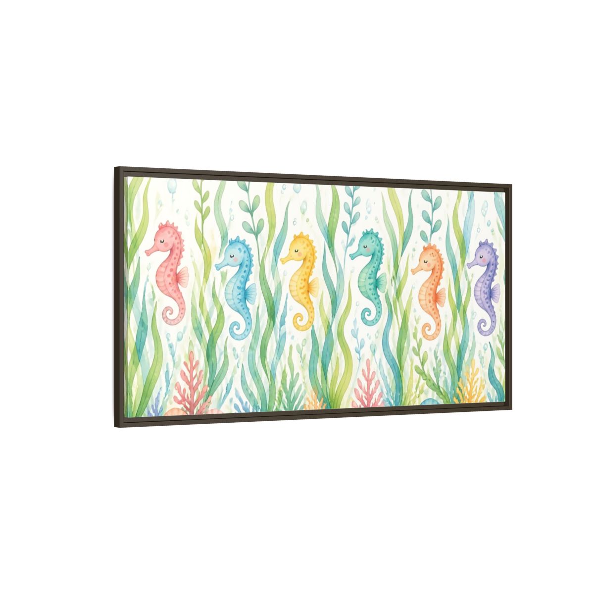 Side Mockup 4. Rainbow Seahorse Parade shown as framed canvas print