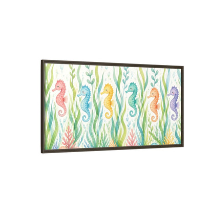 Side Mockup 4. Rainbow Seahorse Parade shown as framed canvas print