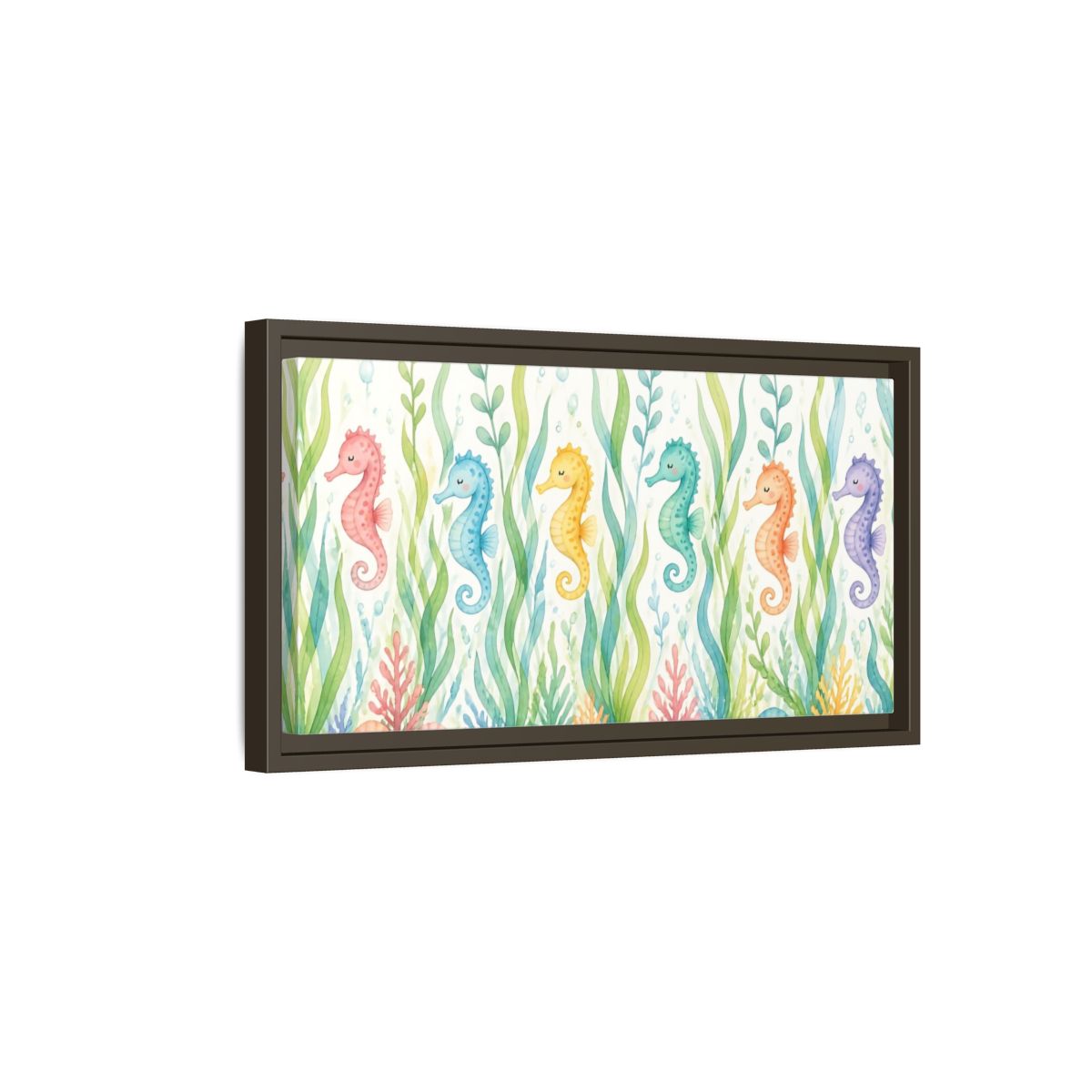 Side Mockup 7. Rainbow Seahorse Parade shown as framed canvas print