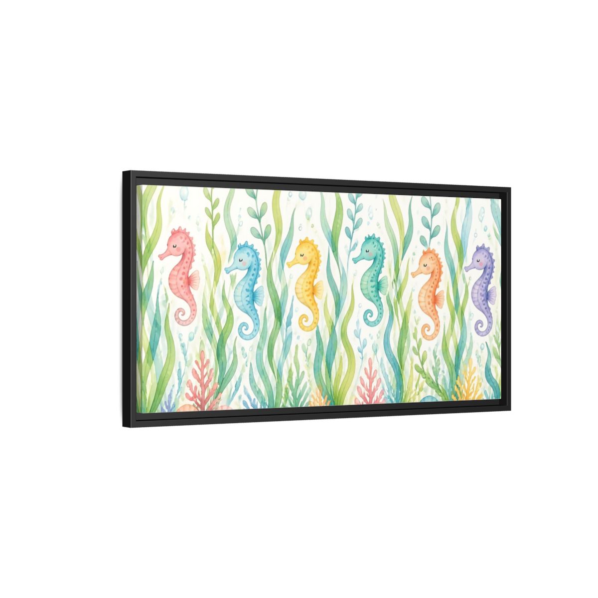 Side Mockup 2. Rainbow Seahorse Parade shown as framed canvas print